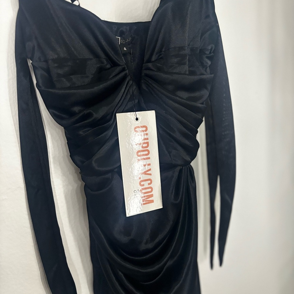 Oh Polly Black Ruched Tie Front Bodycon Dress